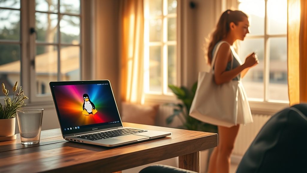 Laptop on table showing Tux